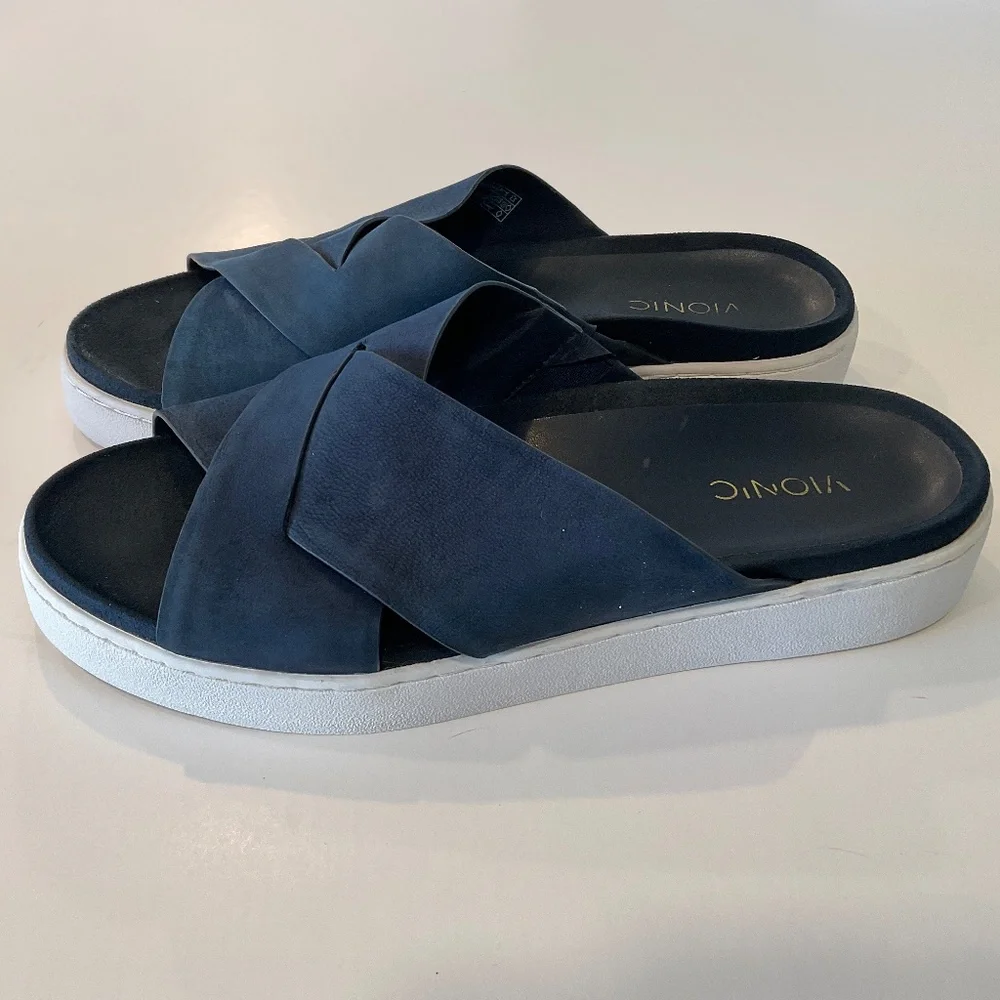 VIONIC Lou Leather Slide Platform Sandal Blue Size 7.5